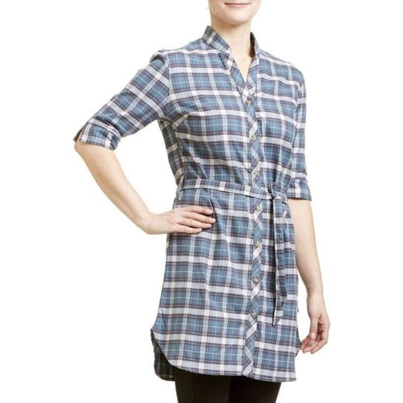 Fig Plaid Flannel Shirt‎ Dress Women Large Belted Tunic Blue Gray V-Neck - Picture 2 of 14